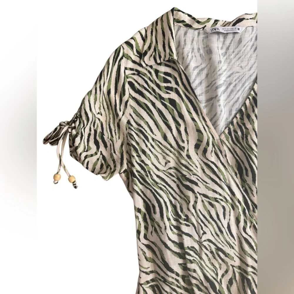 ZARA Animal Print Wrap Dress ECRU/KHAKI - Picture 8 of 13
